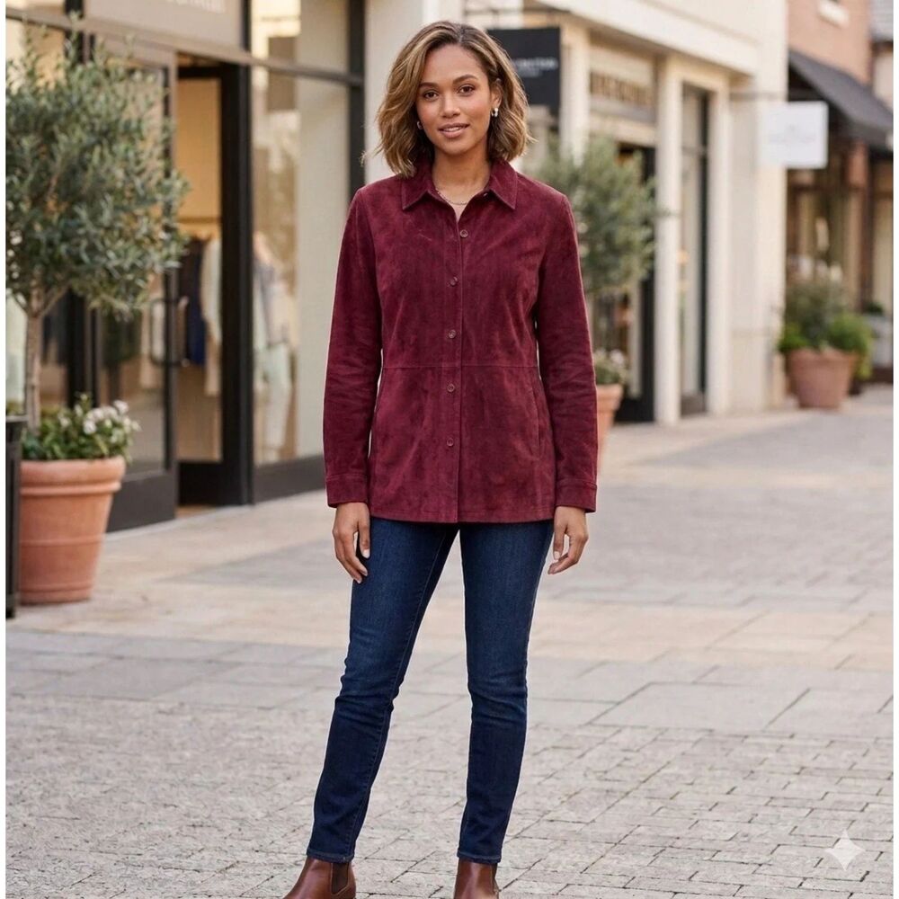 Jessica Holbrook Jacket M Suede Leather Shacket Red Washable boho festival New
